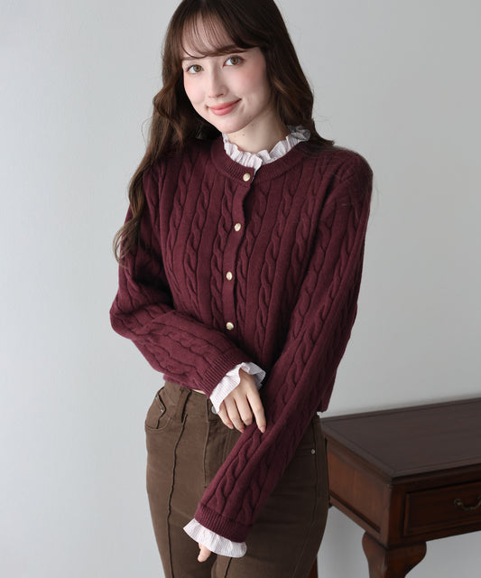 【早割5％OFF】フリルシャツケーブルニットカーディガン