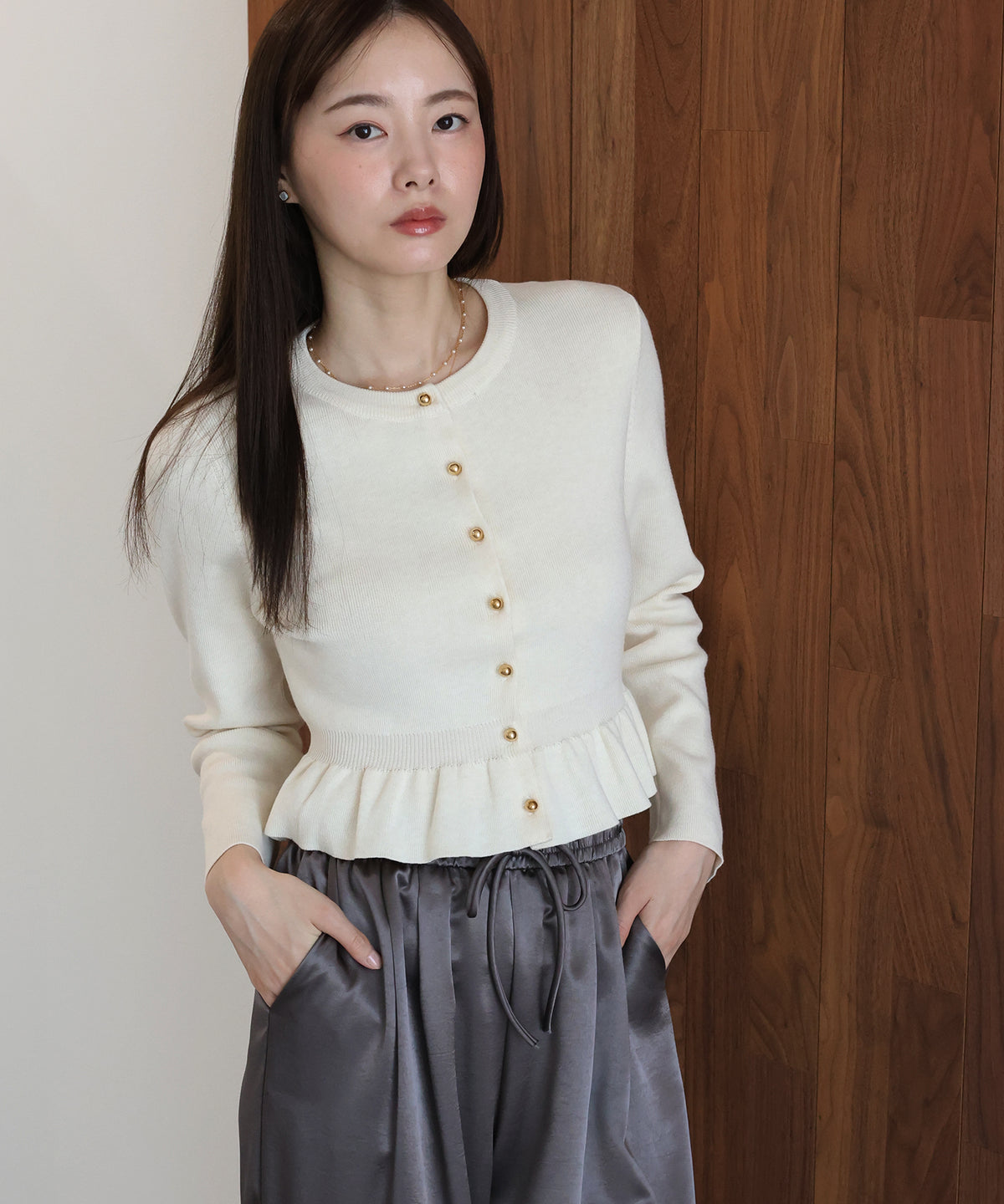 【早割5％OFF】ウール混ゴールドボタンペプラムカーディガン
