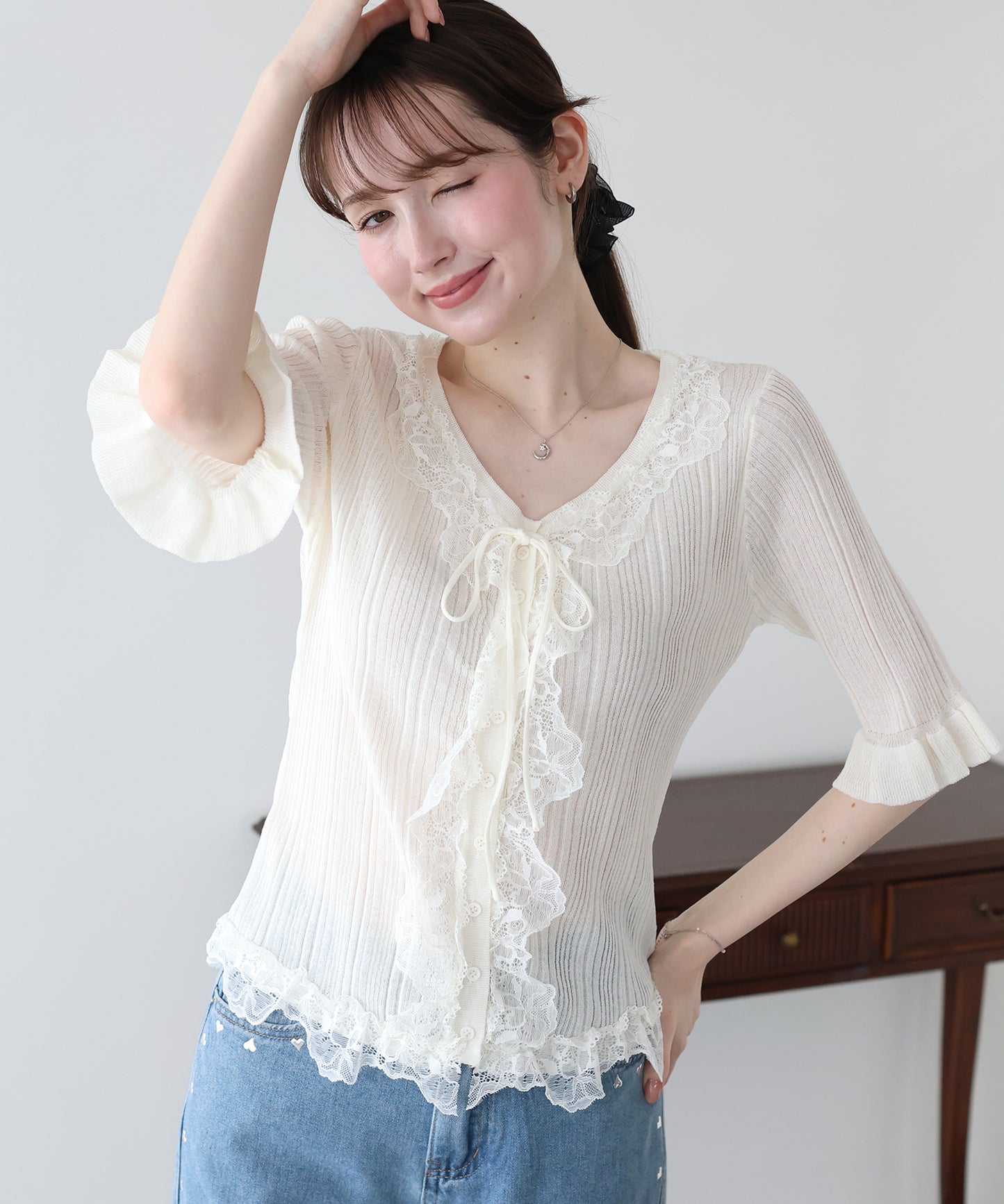 【早割5％OFF】フリルレースシアーカーディガン【メール便】