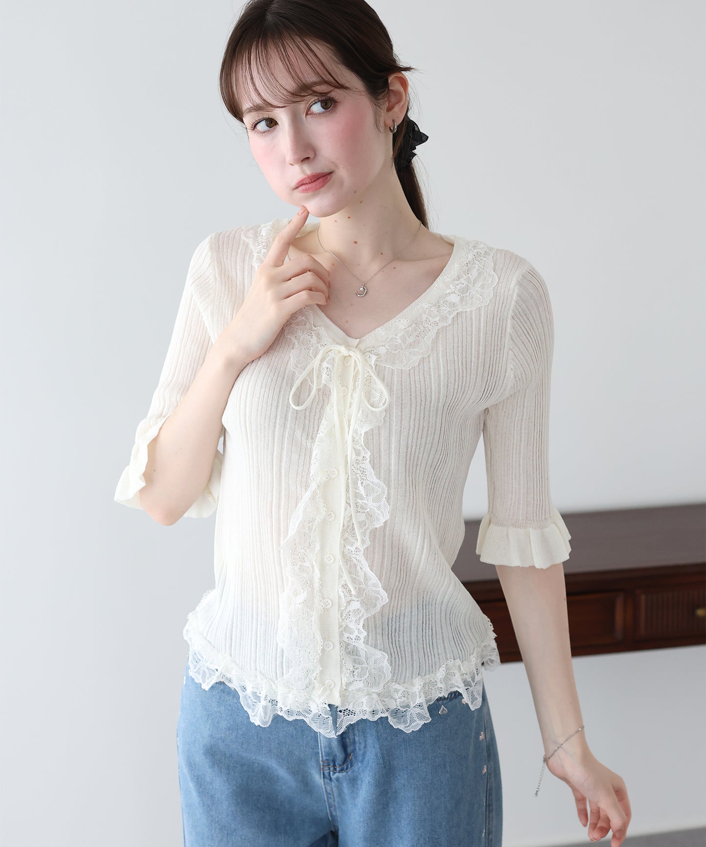 【早割5％OFF】フリルレースシアーカーディガン【メール便】