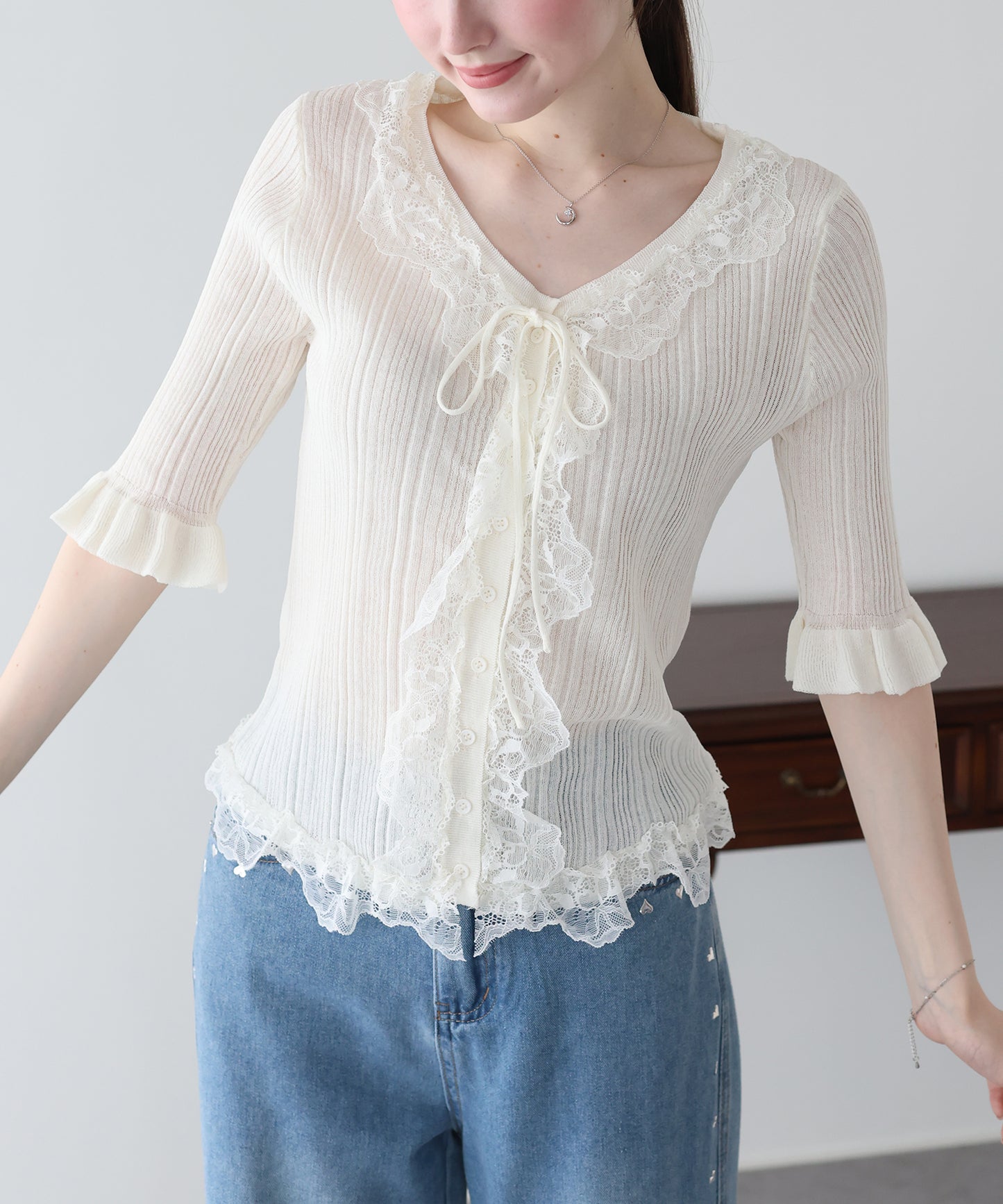 【早割5％OFF】フリルレースシアーカーディガン【メール便】