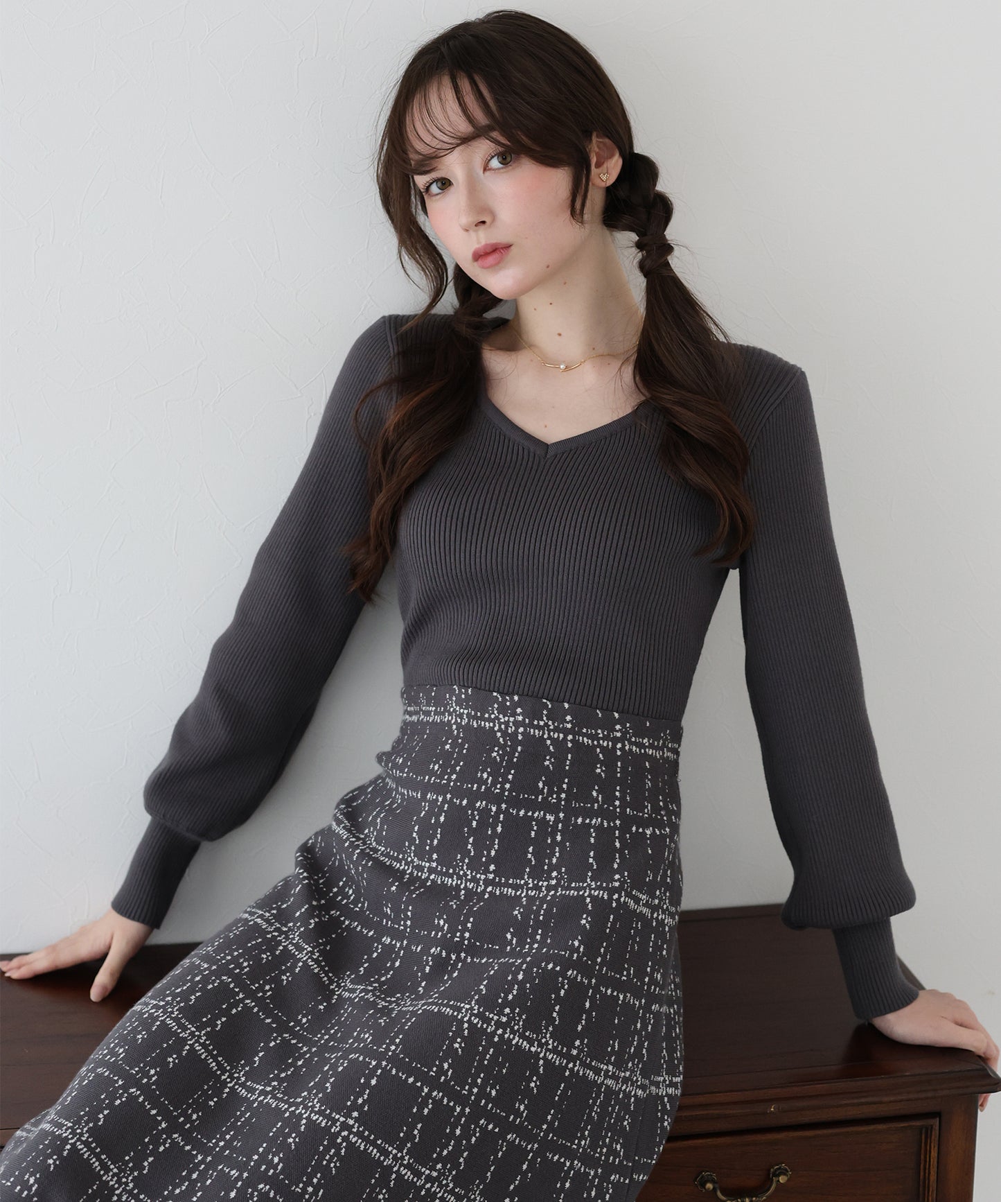 【TIME SALE】選べる2丈・チェックジャガードニットワンピース