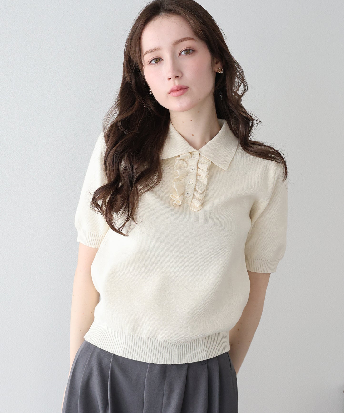 【早割5％OFF】フロントフリルポロニット