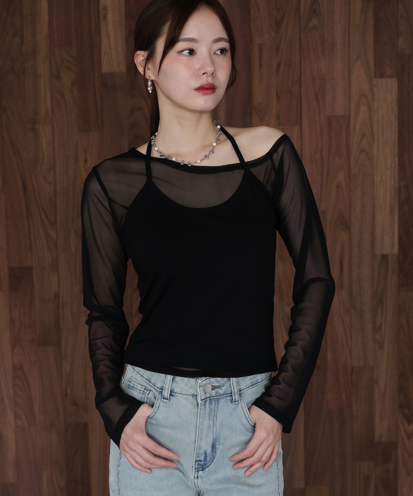 ホルターネックレイヤードシアートップス【ネコポス】