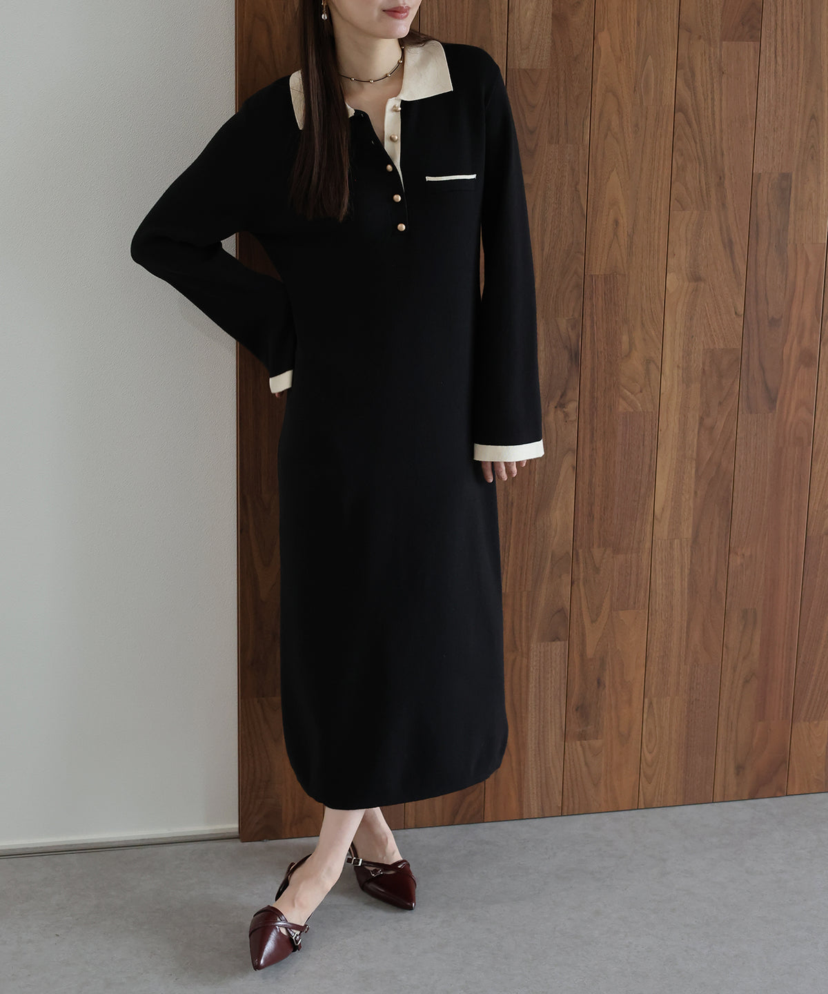 【早割5％OFF】ゴールドボタン配色ポロニットワンピース