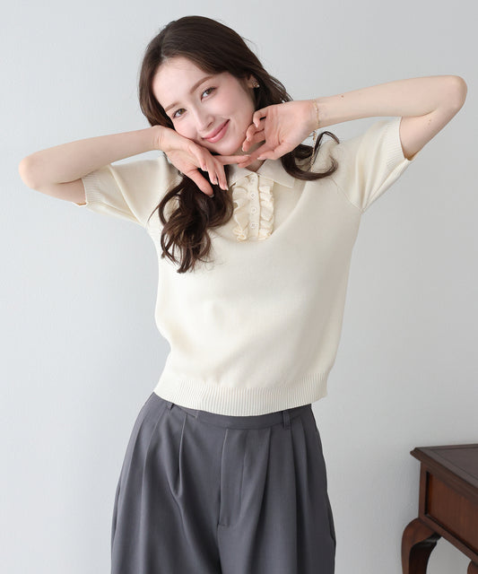 【早割5％OFF】フロントフリルポロニット
