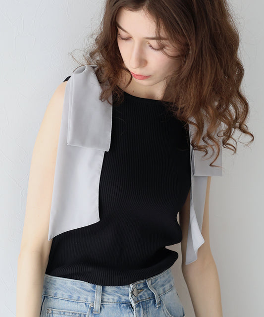 【SALE】ショルダーリボンノースリリブニット