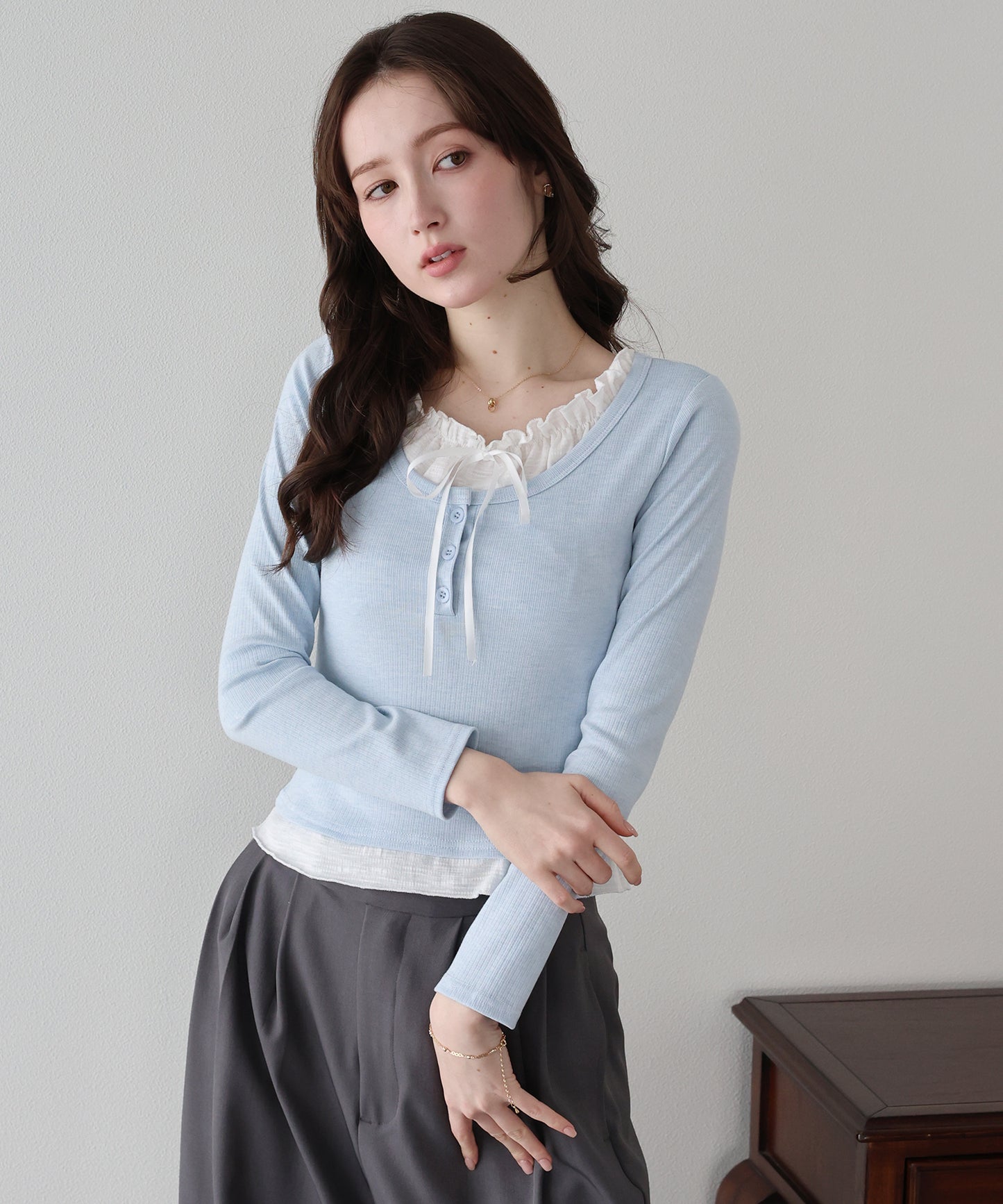 【早割5％OFF】ギャザーリボンレイヤードTシャツ【ネコポス】