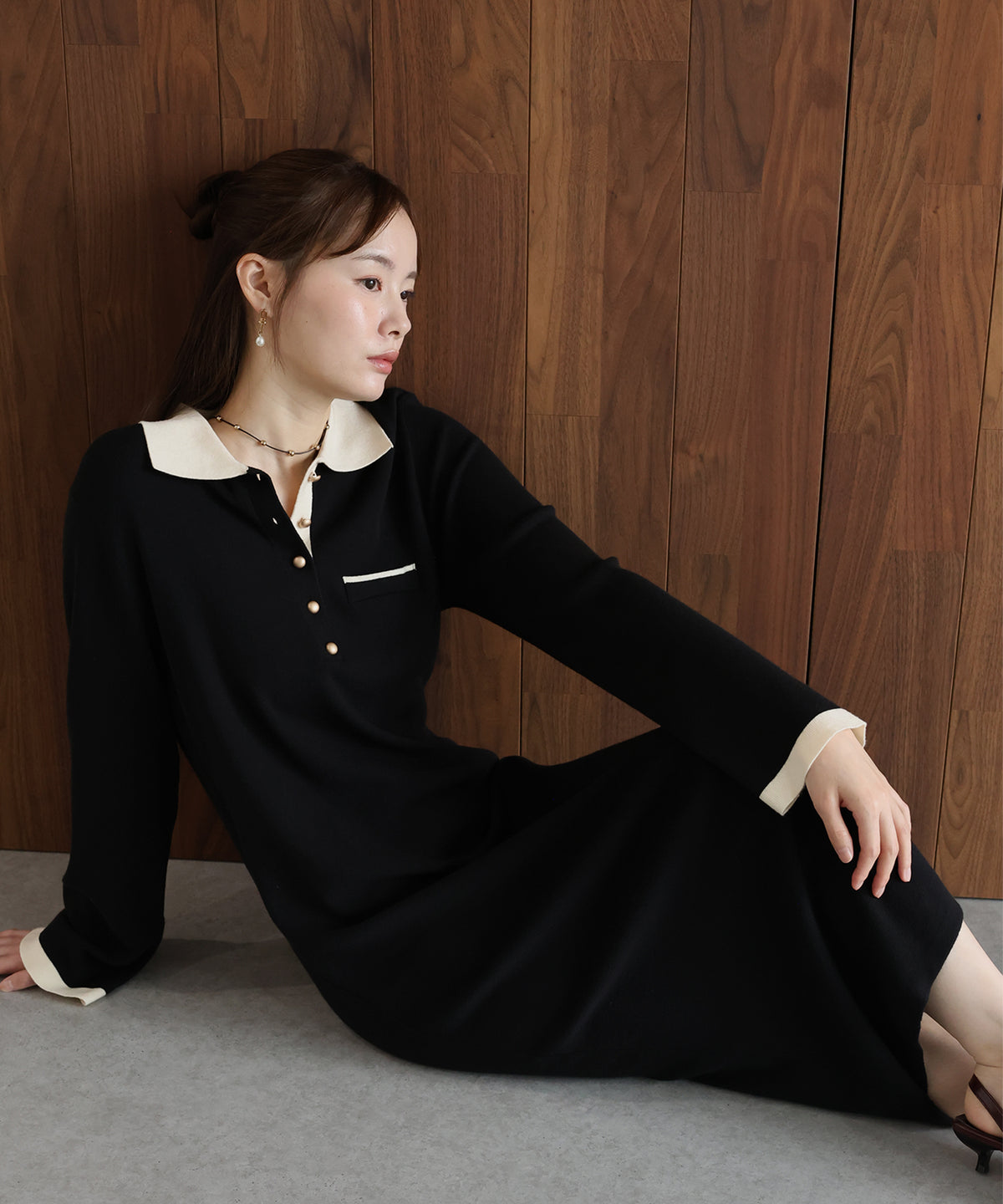 【早割5％OFF】ゴールドボタン配色ポロニットワンピース