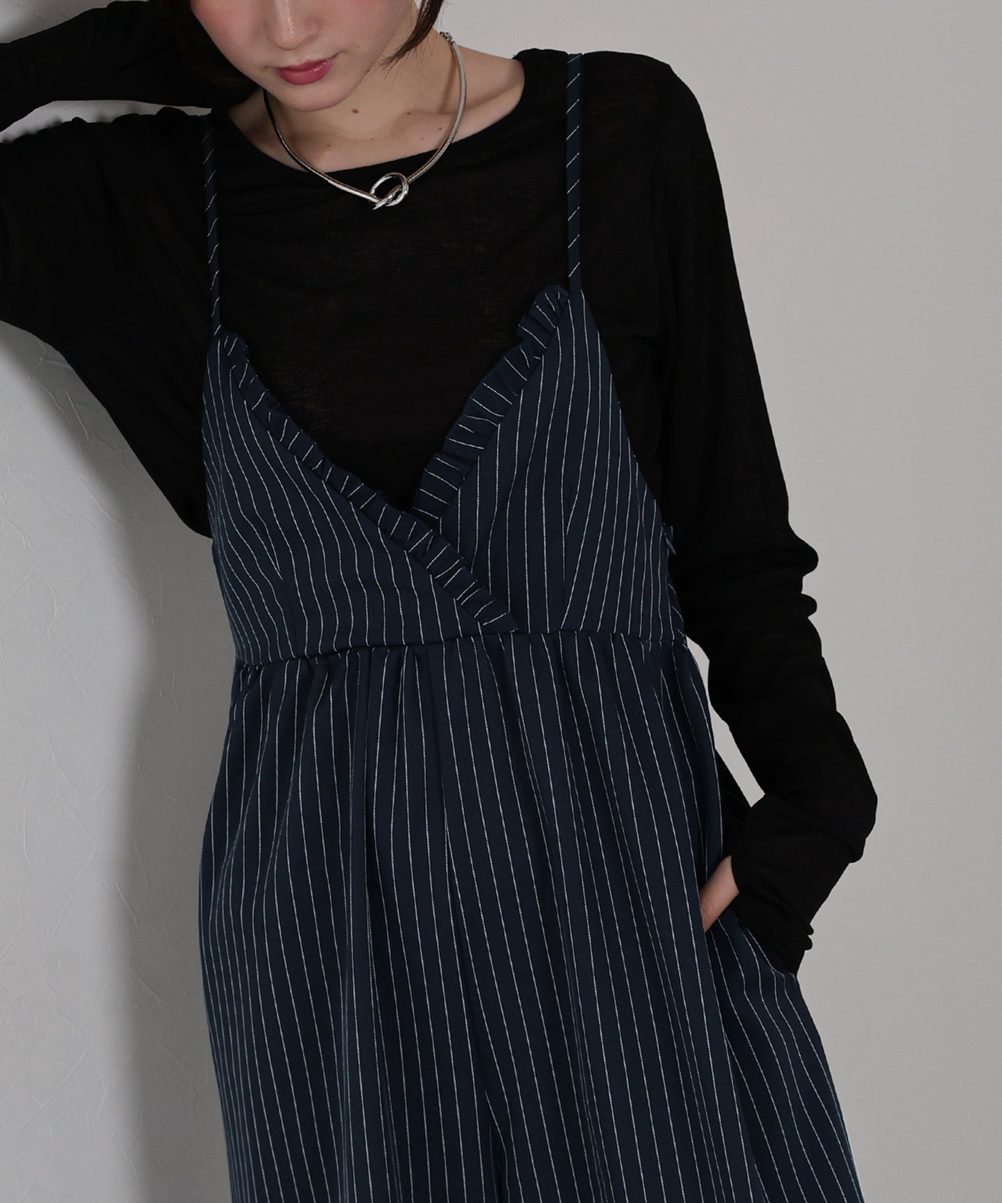 【TIME SALE】[ J by blue ]ピンストライプフリルサロペット