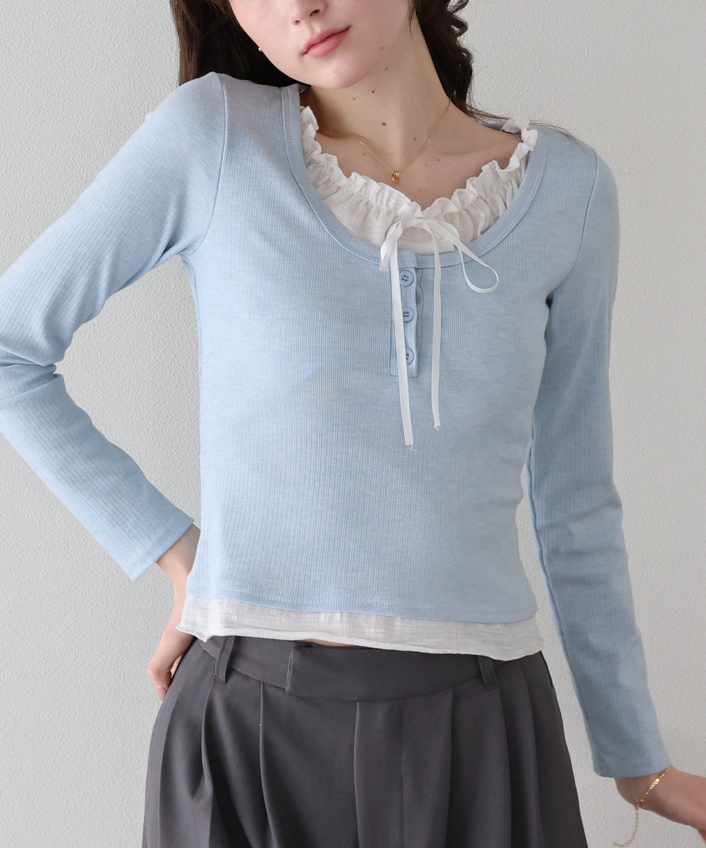 【早割5％OFF】ギャザーリボンレイヤードTシャツ【ネコポス】