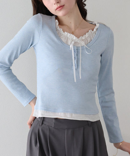 【早割5％OFF】ギャザーリボンレイヤードTシャツ【ネコポス】