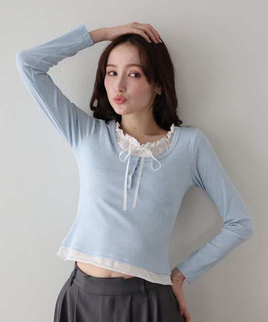 【早割5％OFF】ギャザーリボンレイヤードTシャツ【ネコポス】