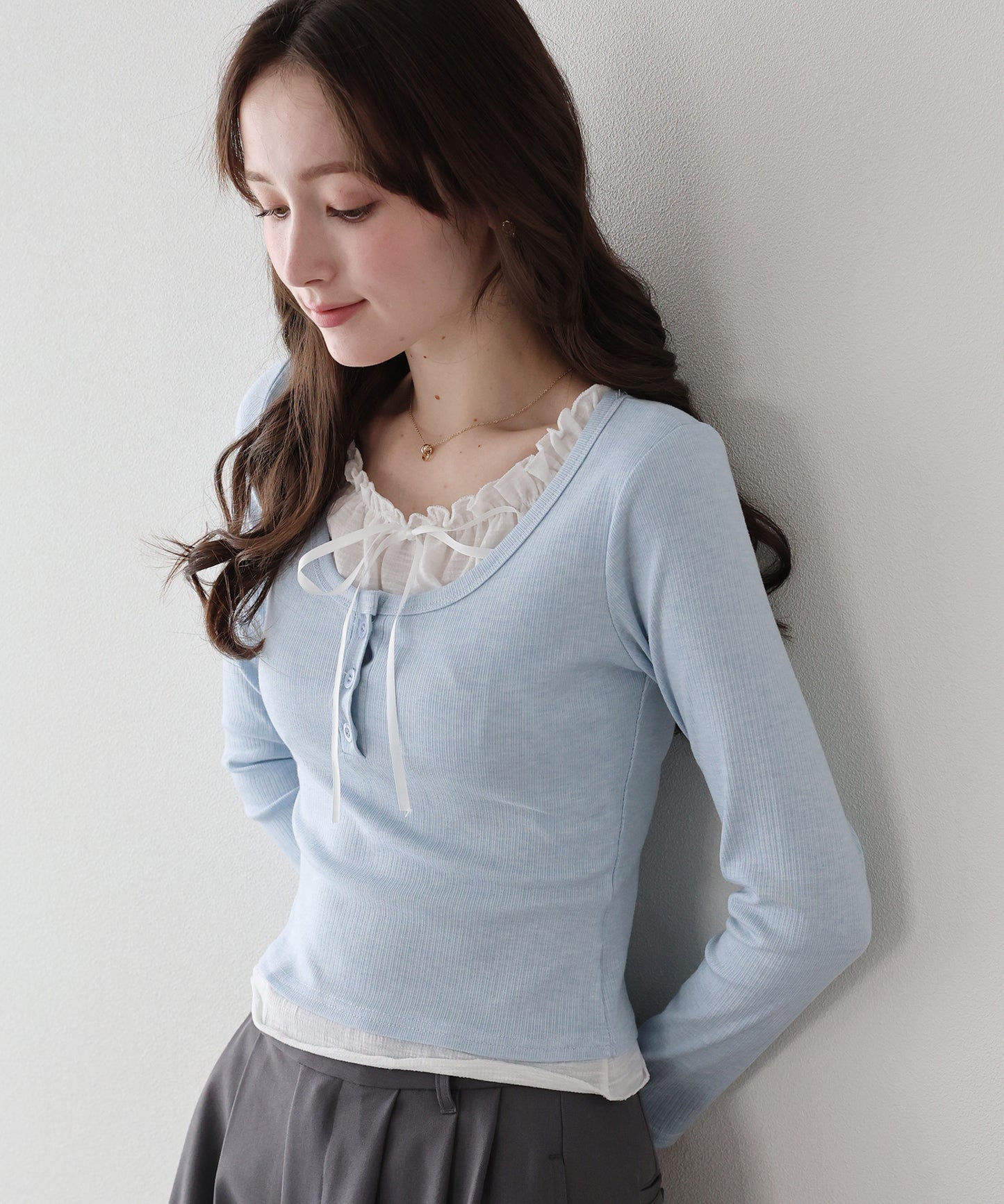 【早割5％OFF】ギャザーリボンレイヤードTシャツ【ネコポス】