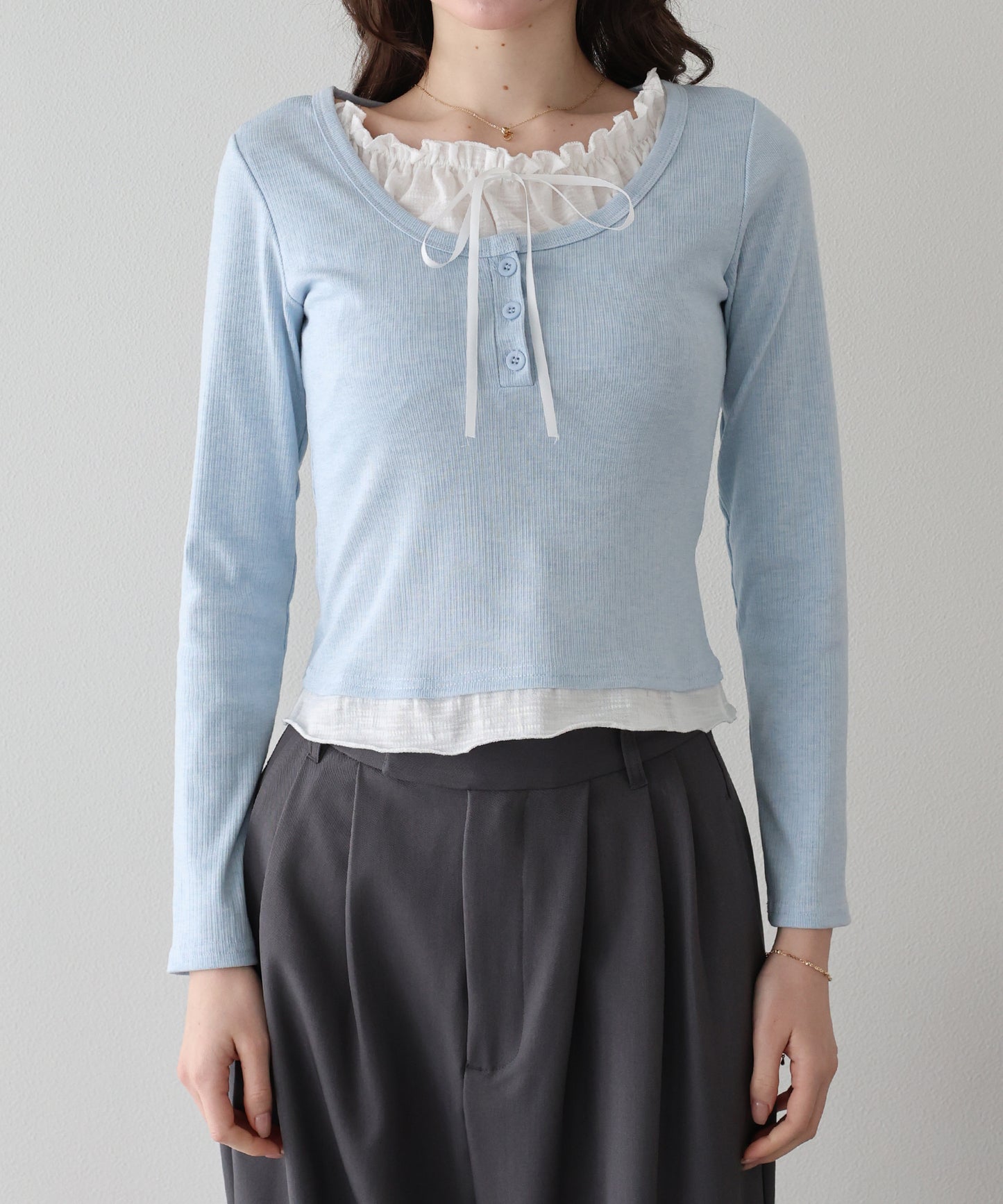 【早割5％OFF】ギャザーリボンレイヤードTシャツ【ネコポス】