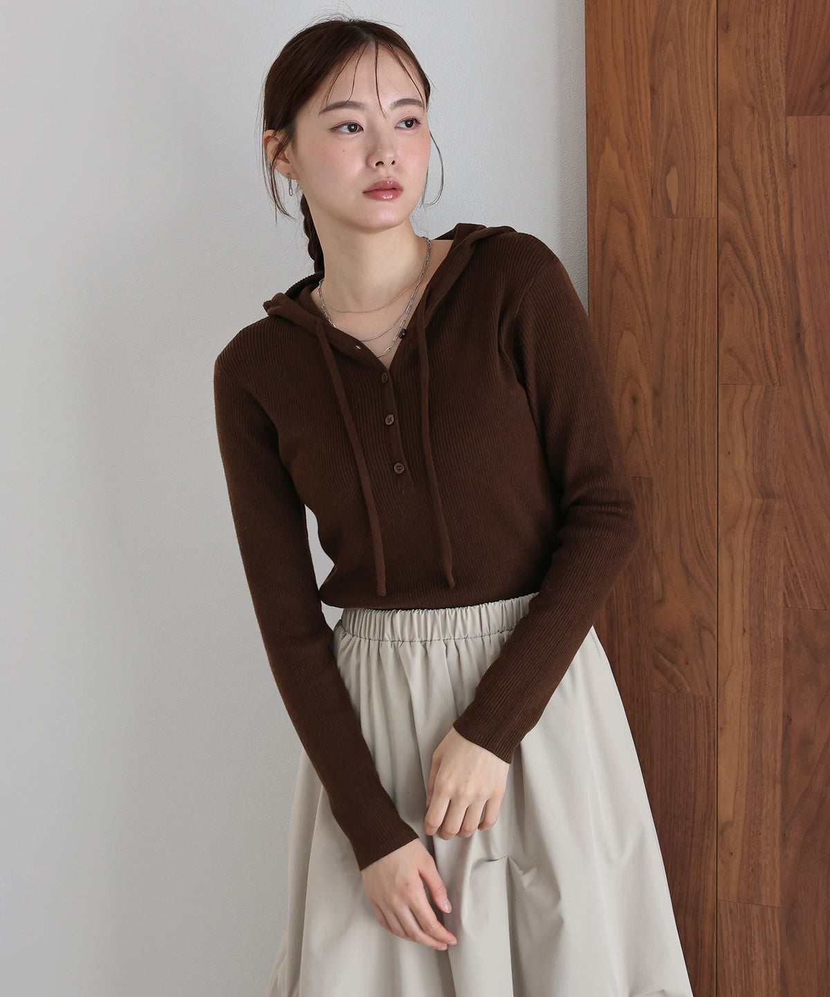 【早割5％OFF】ウール混ヘンリーネックリブニットフーディー