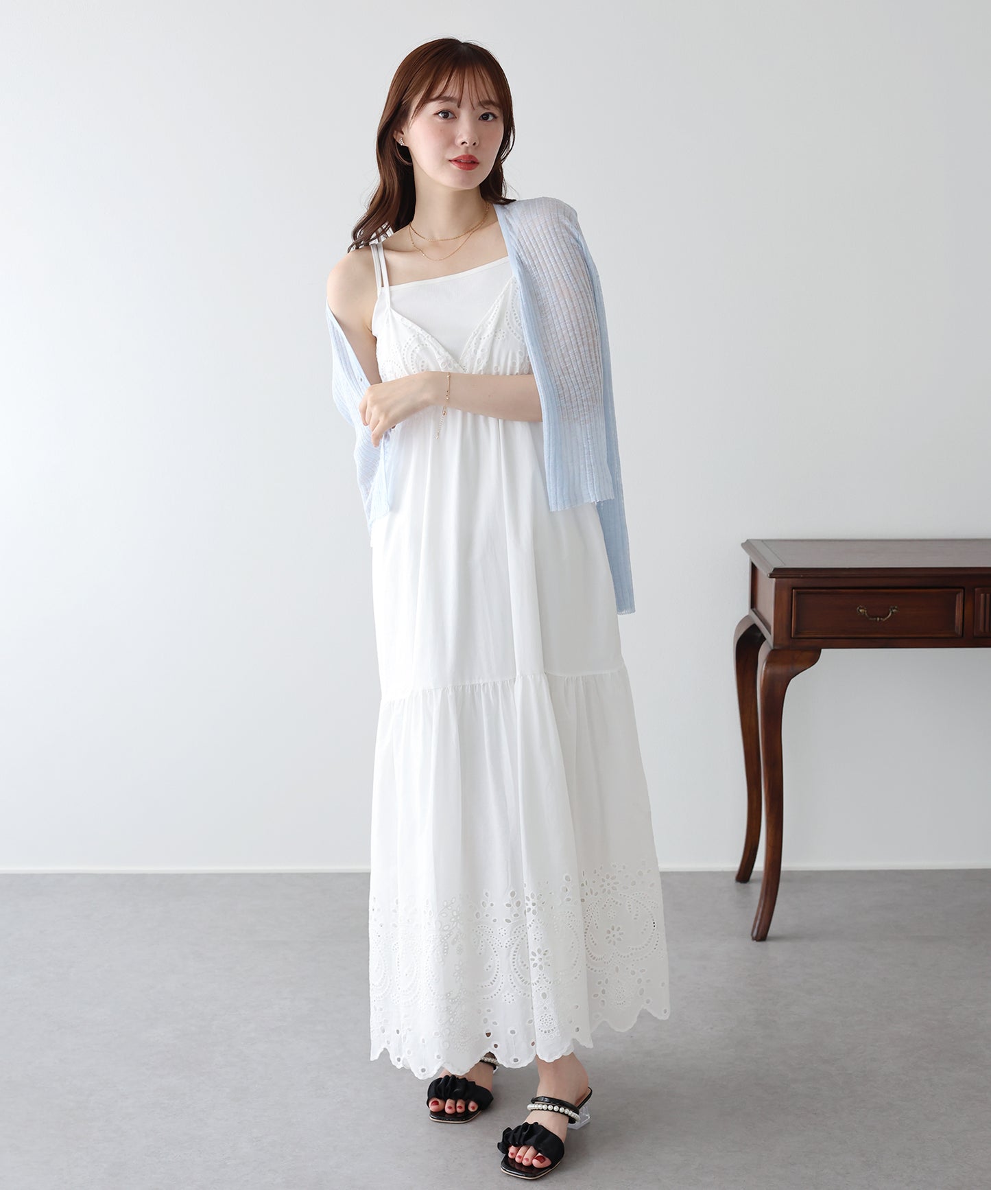 【早割5％OFF】《ショート＆ミディアム選べる着丈》コットンレースサイドリボンキャミワンピース