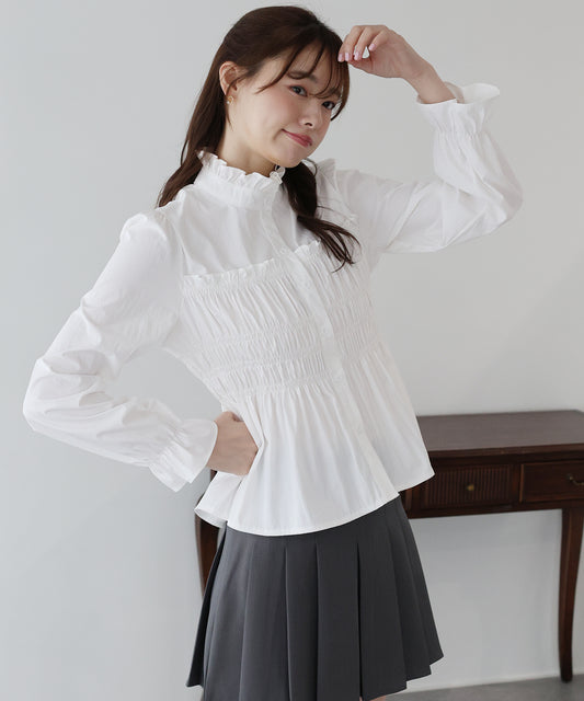 フリルネックシャーリングブラウス【ネコポス】