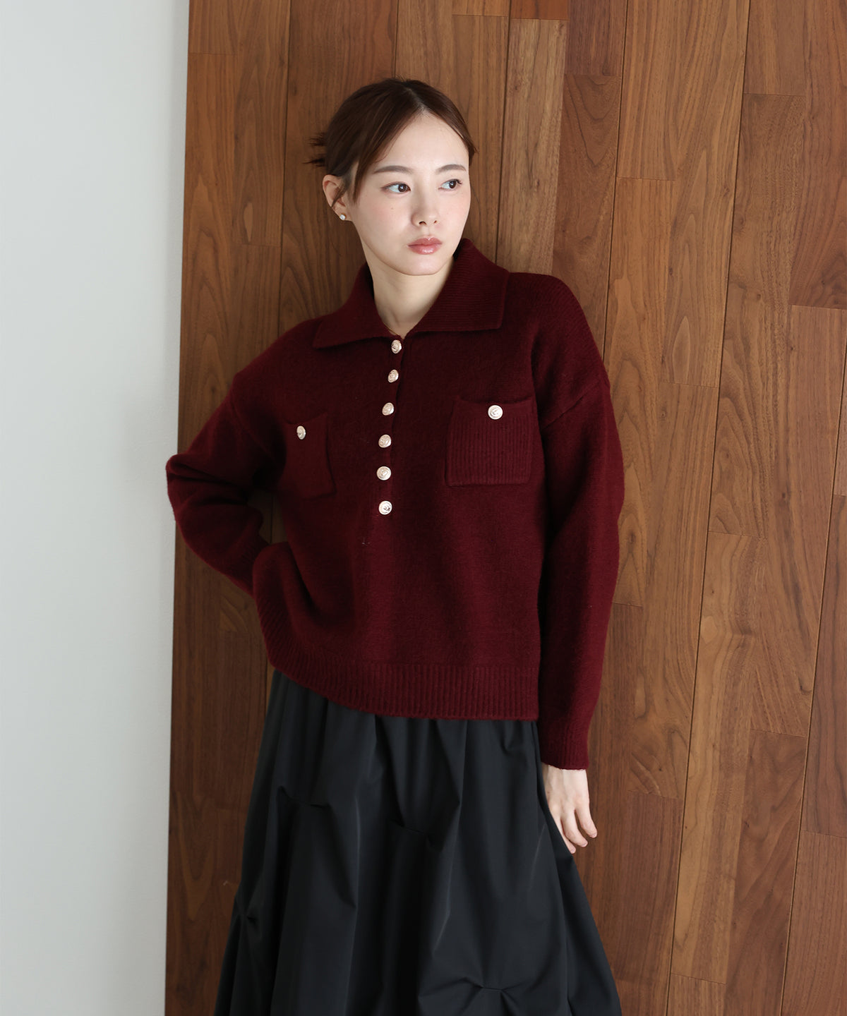 【早割5％OFF】ゴールドボタンポロニット