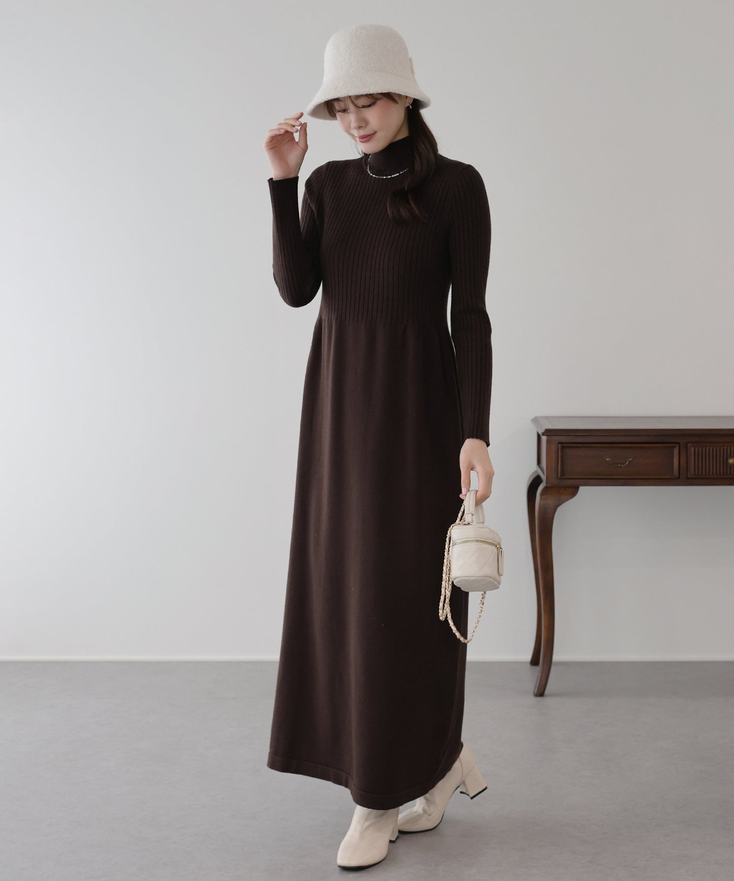 サイドリボンペプラムシャギーベスト＆ニットワンピース セット