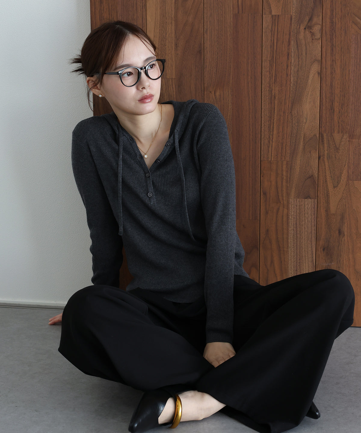 【早割5％OFF】ウール混ヘンリーネックリブニットフーディー