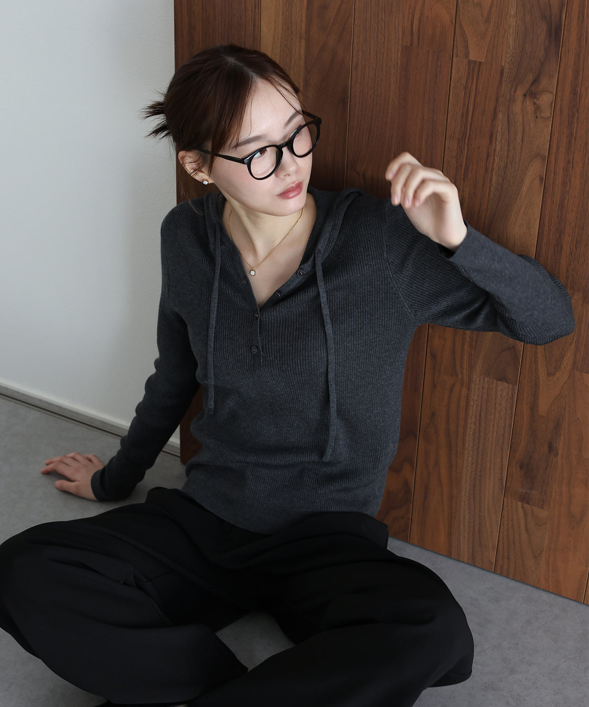 【早割5％OFF】ウール混ヘンリーネックリブニットフーディー