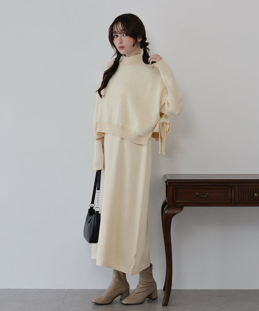 選べる2丈・吸湿発熱・リボンケープニットベスト＆リブニットワンピース