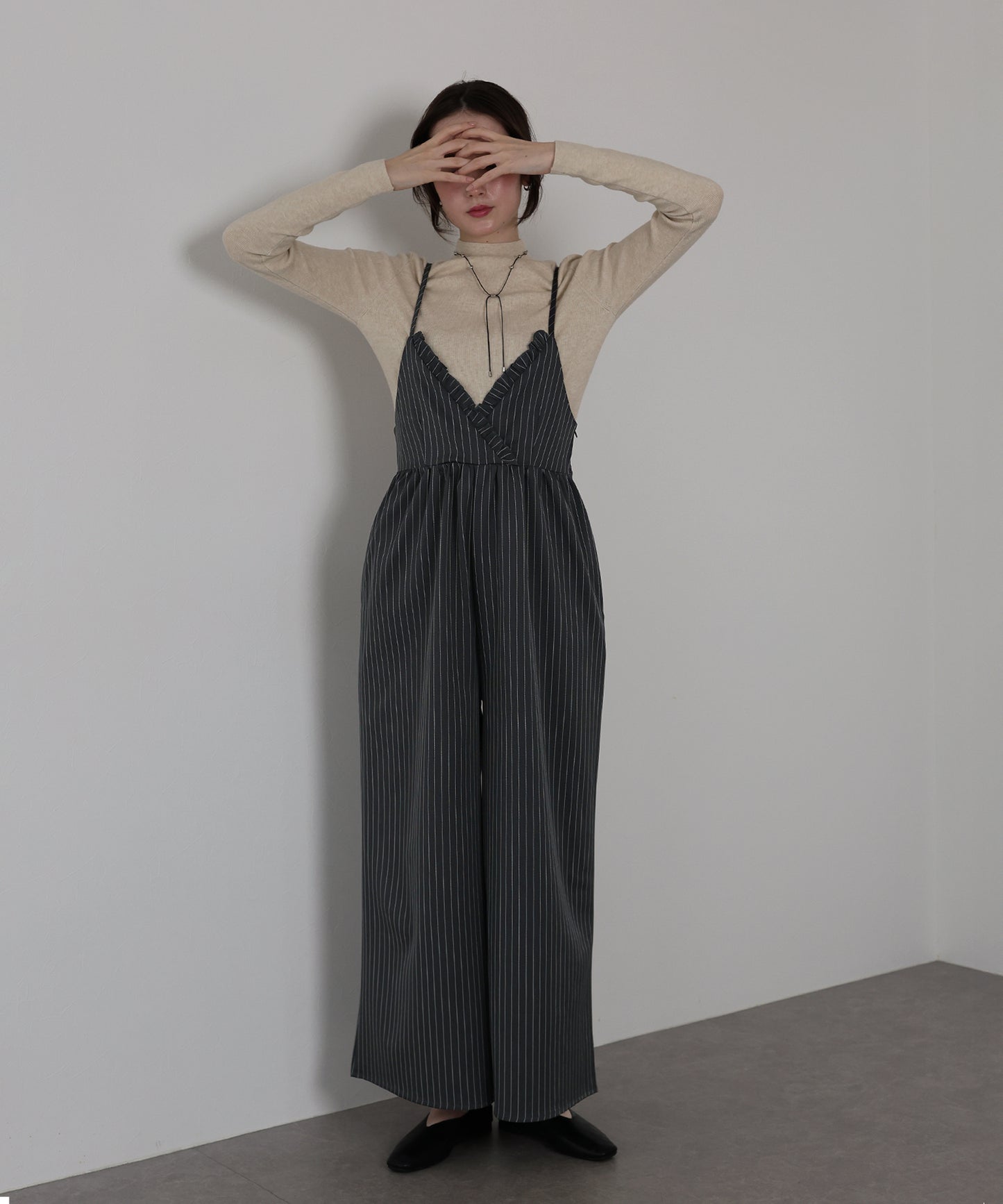 【TIME SALE】[ J by blue ]ピンストライプフリルサロペット