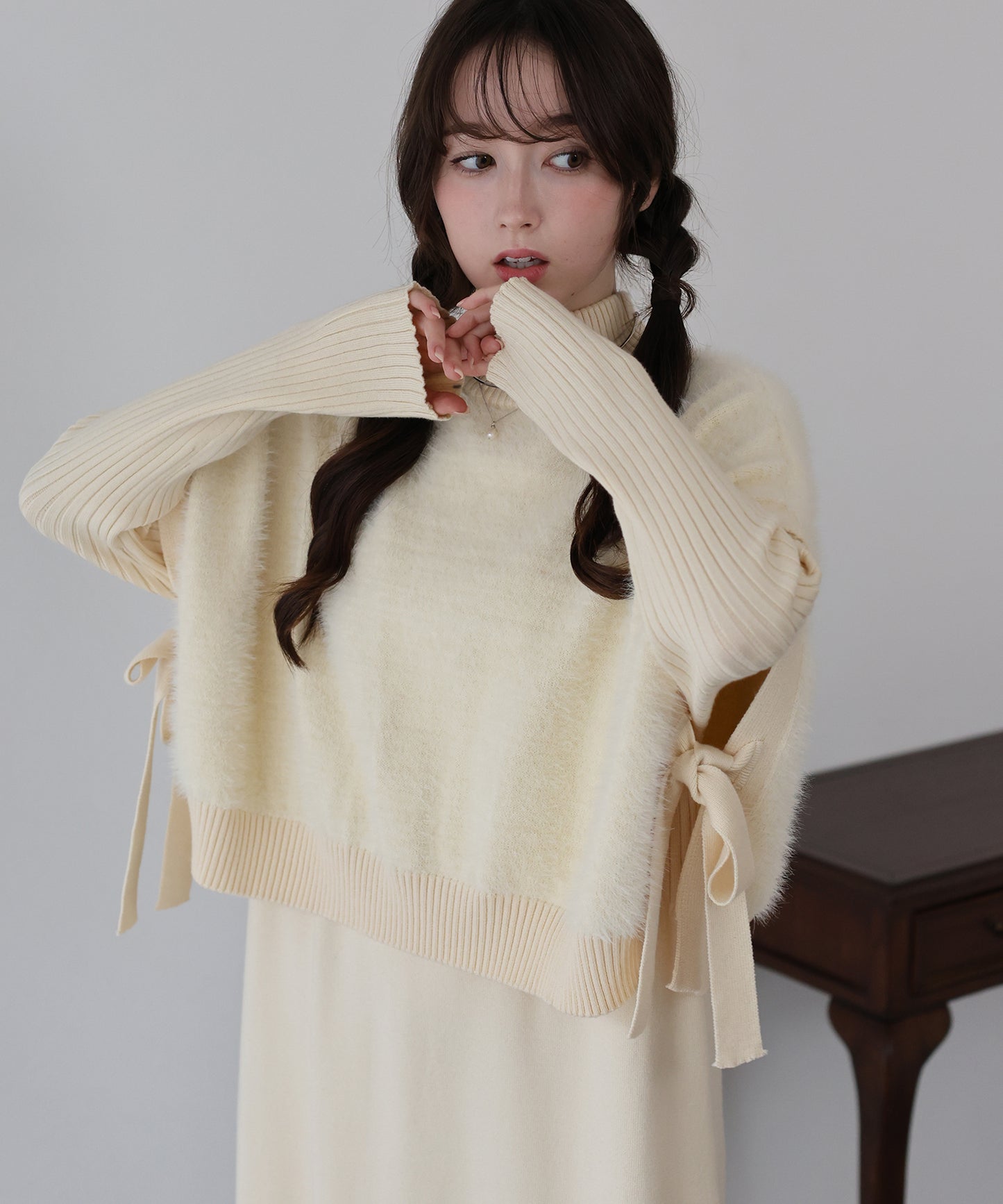 【TIME SALE】選べる2丈・吸湿発熱・リボンケープニットベスト＆リブニットワンピース