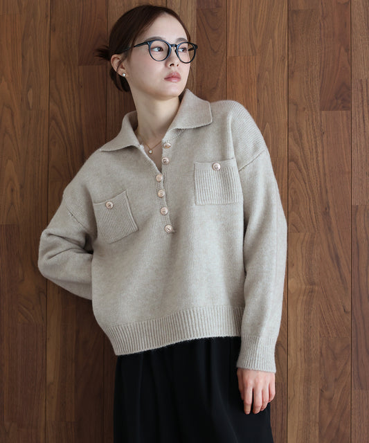 【早割5％OFF】ゴールドボタンポロニット