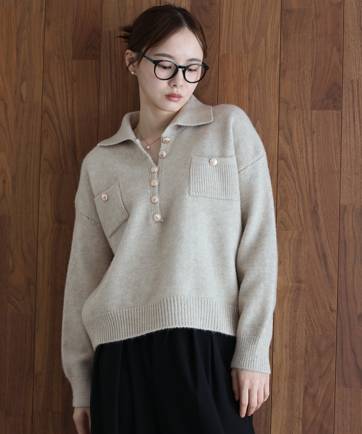 【早割5％OFF】ゴールドボタンポロニット