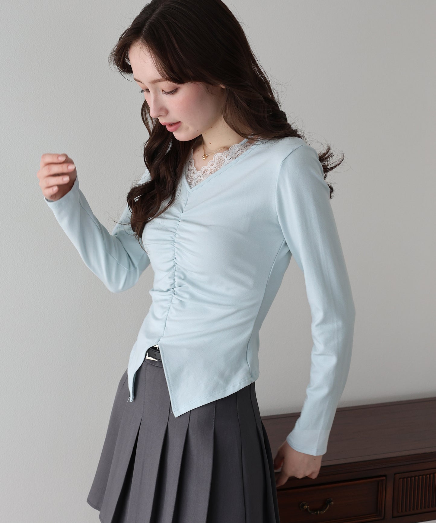 【早割5％OFF】フロントギャザーレースカットソー【ネコポス】