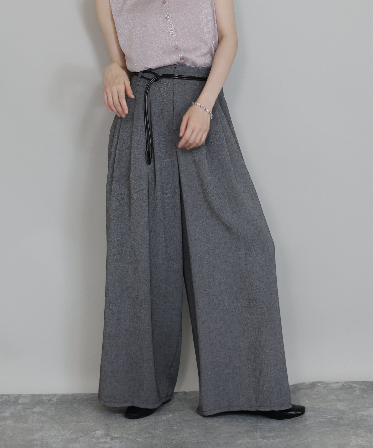 【KIMHEKIM】ベルト付きワイドパンツ（ネイビー） 小さいサイズ 麻混ベルト付きワイドパンツ 低身長さん・小柄女性
