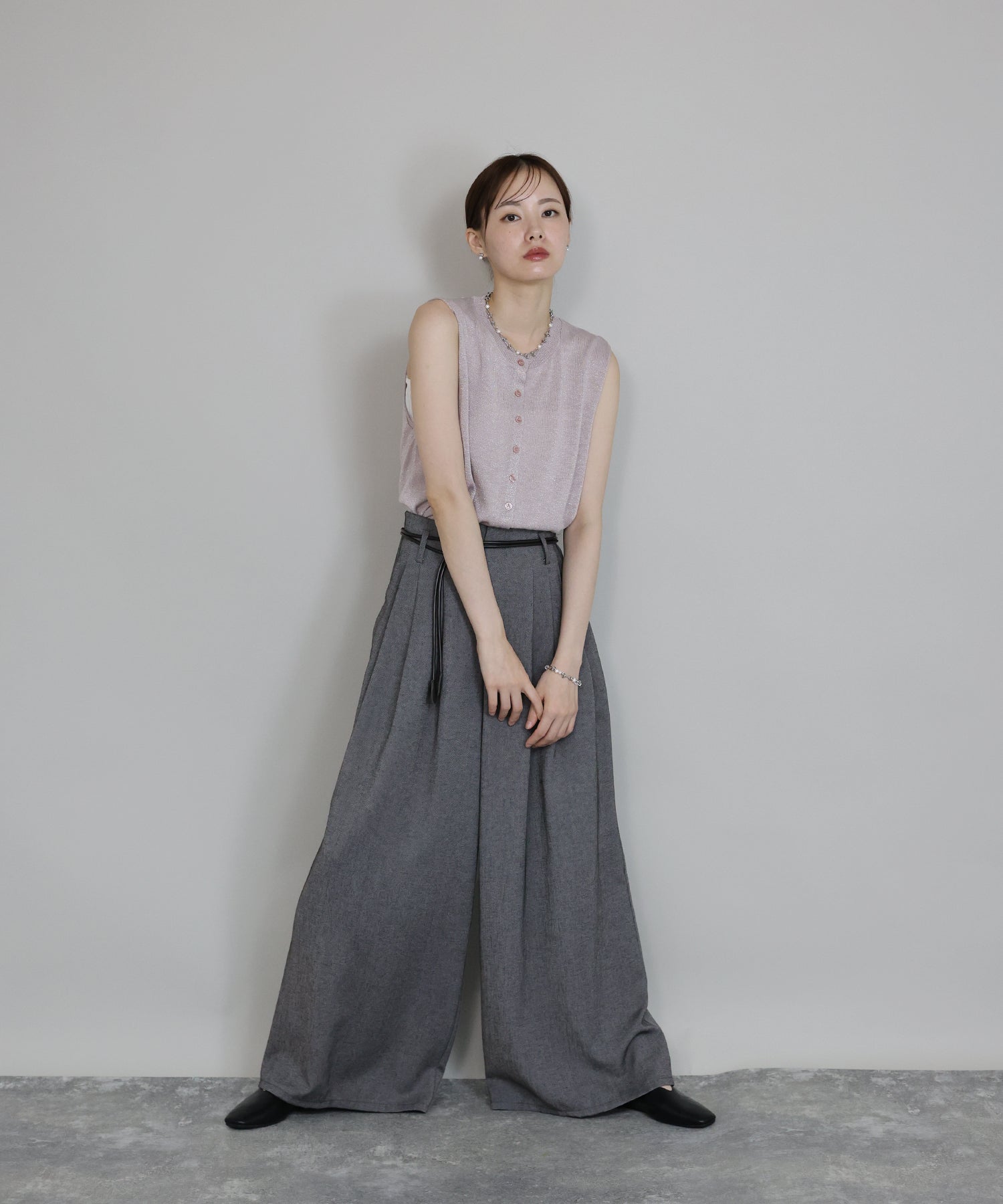 SALE】レザー紐ベルト付きワイドリネン混パンツ[J by blue