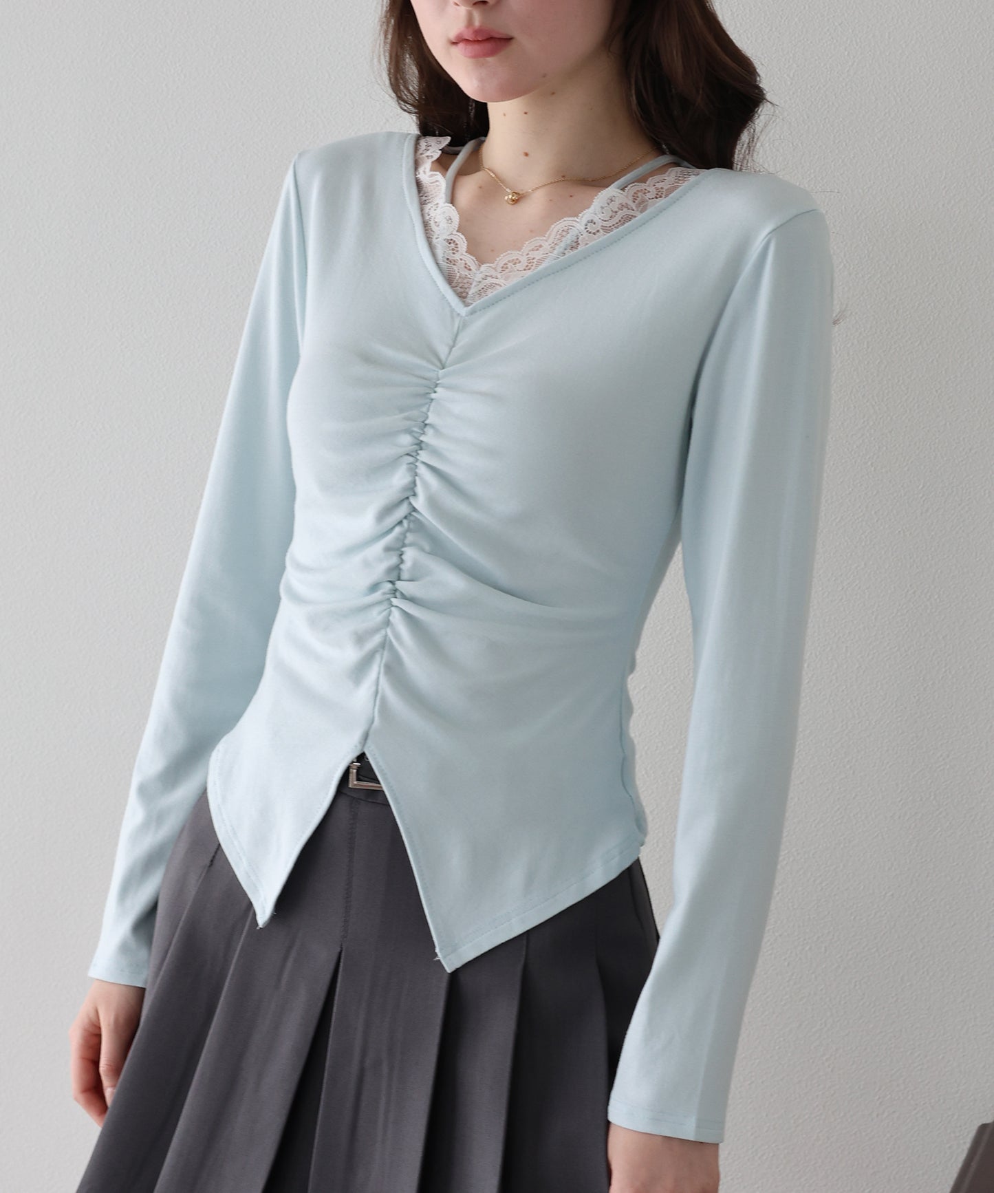 【早割5％OFF】フロントギャザーレースカットソー【ネコポス】