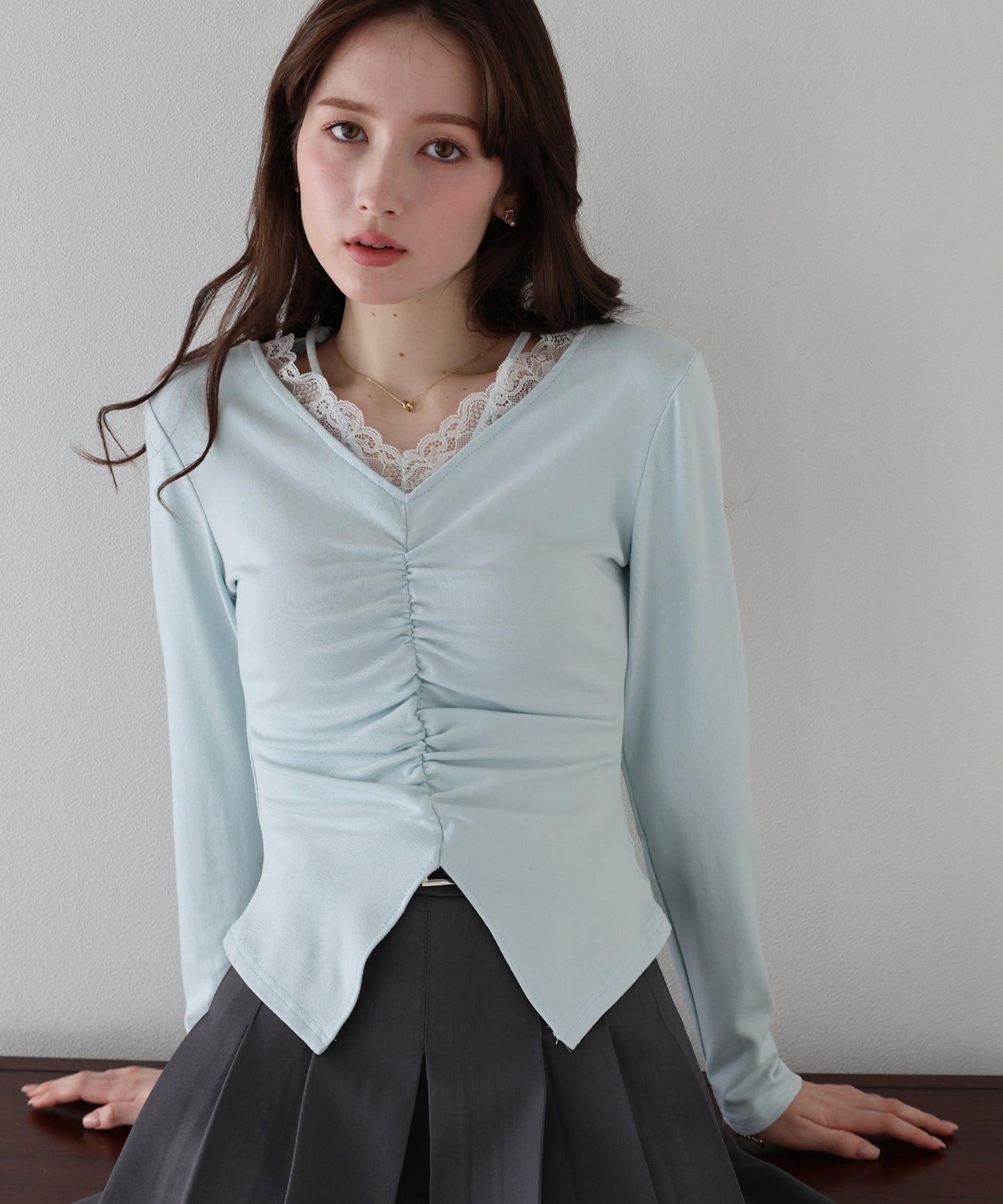 【早割5％OFF】フロントギャザーレースカットソー【ネコポス】