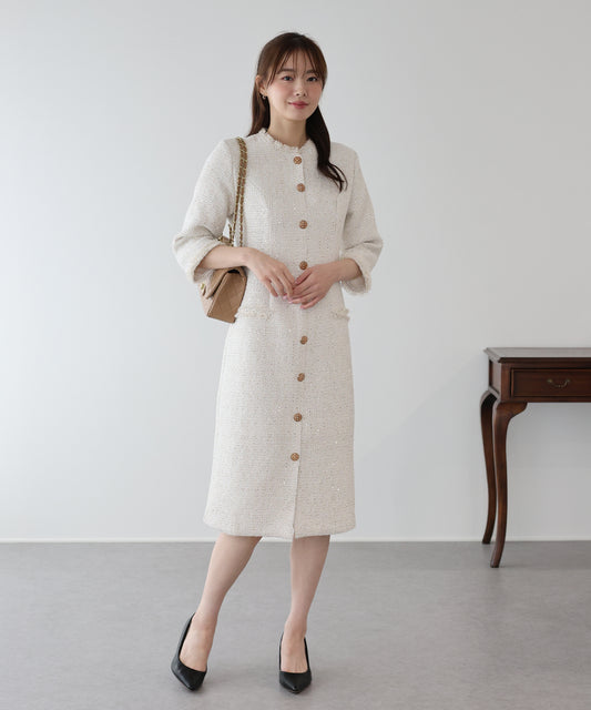 ラメツイードワンピース 卒業式 入学式 結婚式 成人式 二次会 同窓会 セレモニー パーティードレス