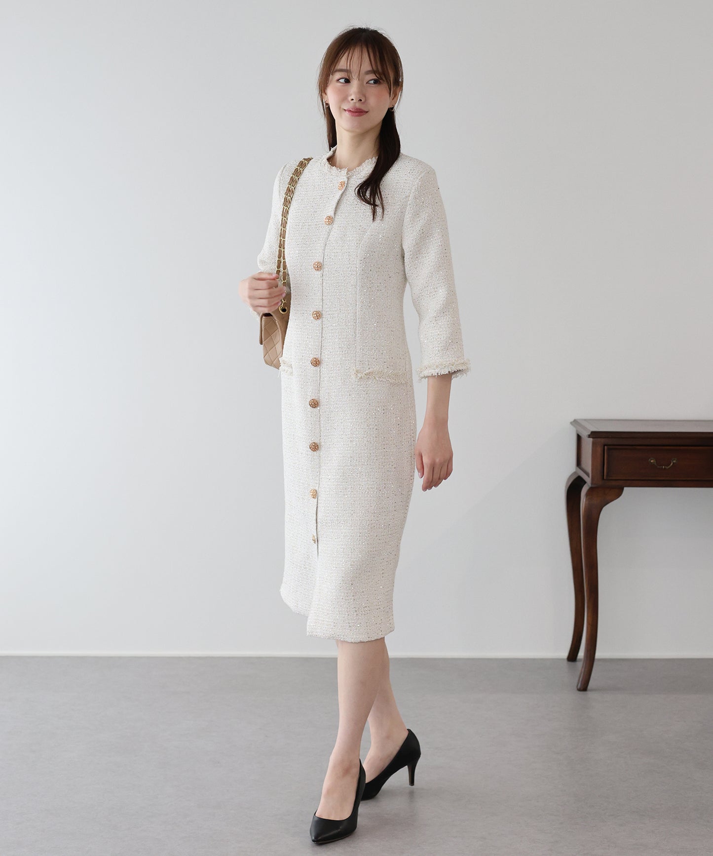 ラメツイードワンピース 卒業式 入学式 結婚式 成人式 二次会 同窓会 セレモニー パーティードレス