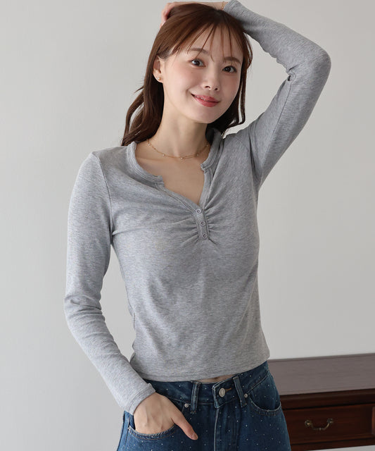 【早割5％OFF】ギャザーヘンリーネックカットソー【メール便】