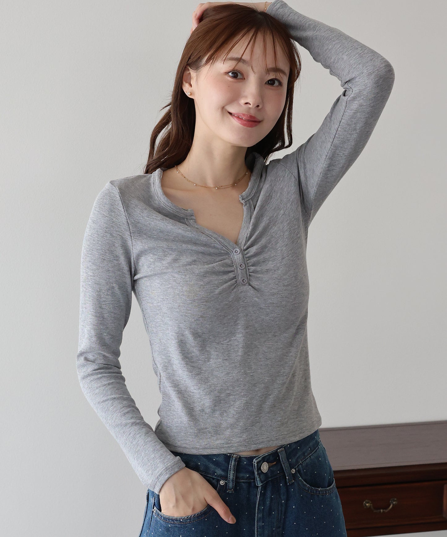 【早割5％OFF】ギャザーヘンリーネックカットソー【メール便】