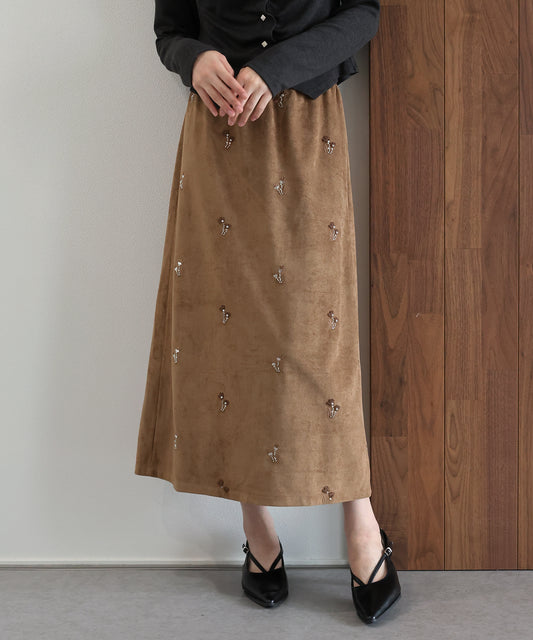 フラワー刺繍スウェードタイトスカート