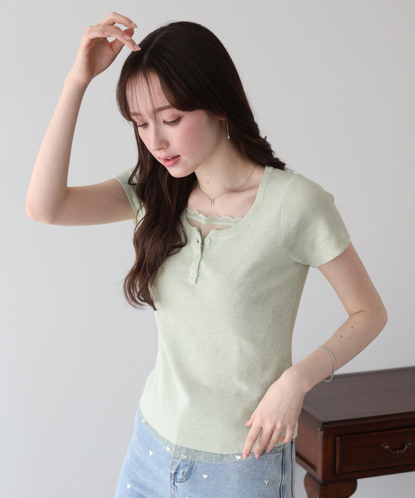 【早割5％OFF】チュールレイヤードヘンリーネックニット【ネコポス】