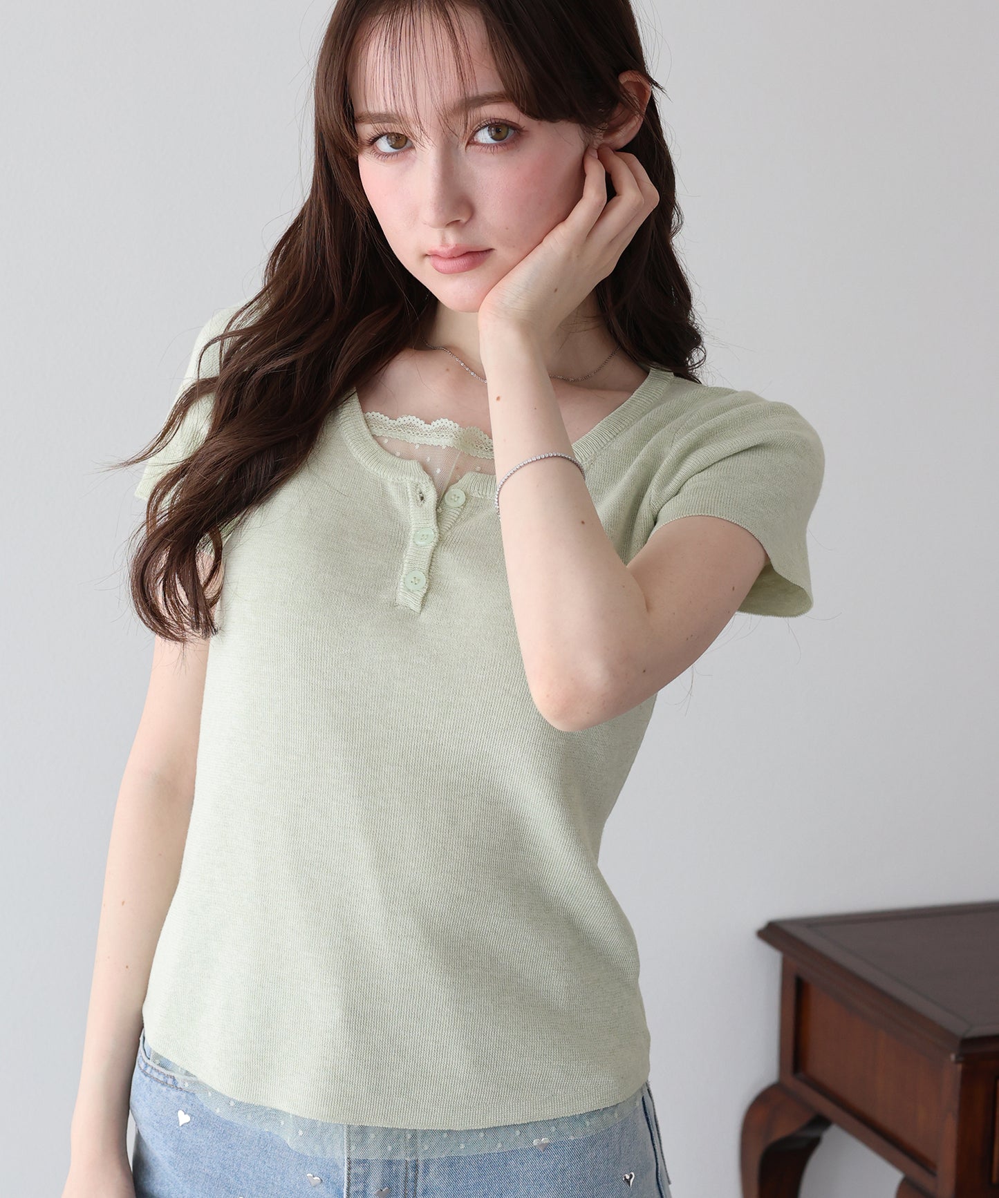 【早割5％OFF】チュールレイヤードヘンリーネックニット【ネコポス】