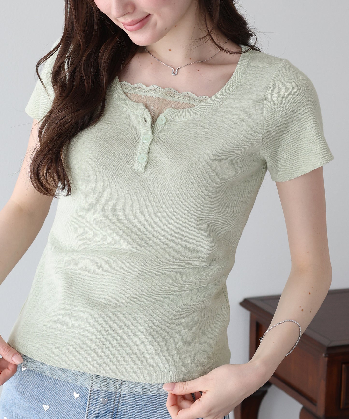 【早割5％OFF】チュールレイヤードヘンリーネックニット【ネコポス】