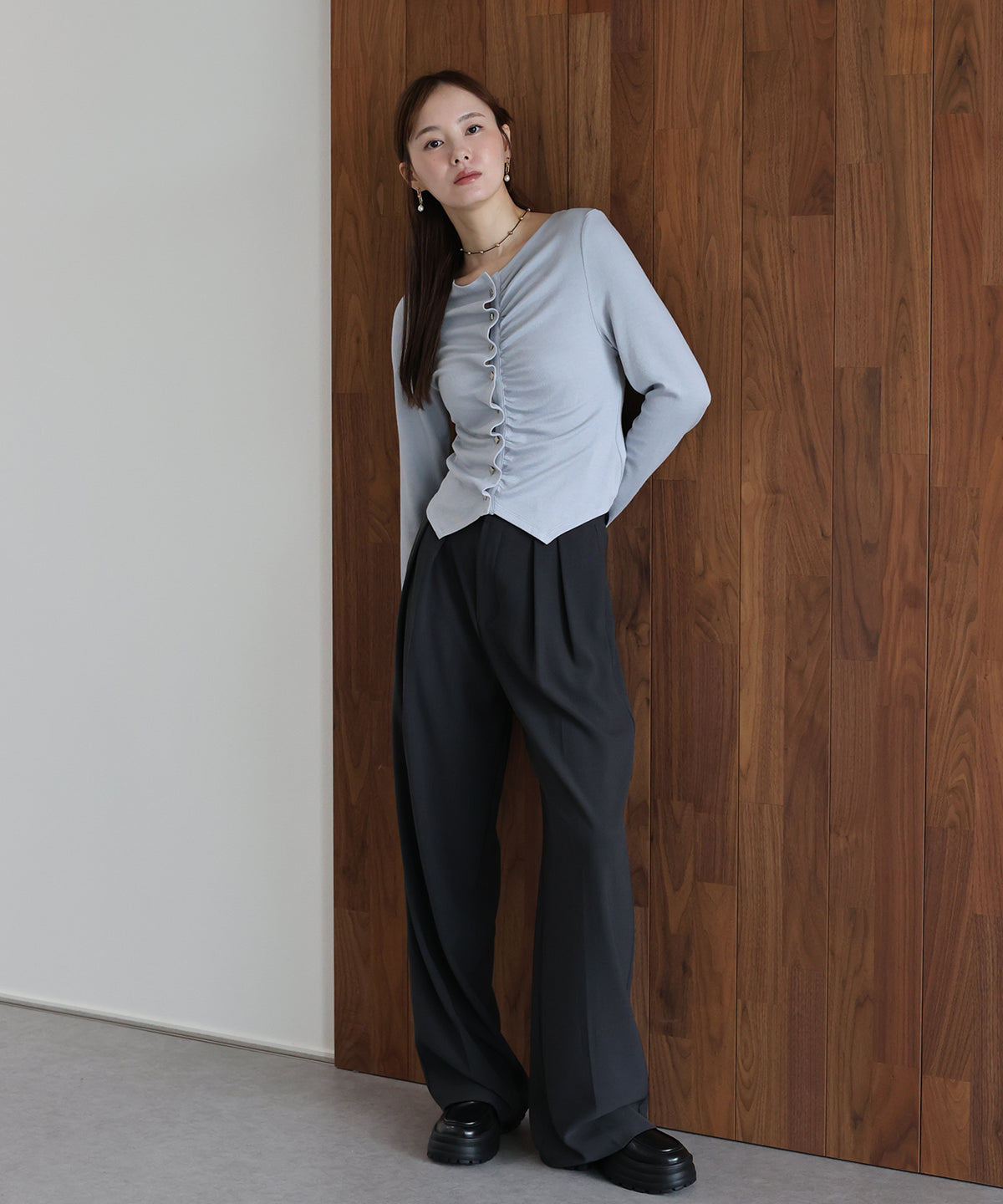 【早割5％OFF】フロントギャザーリブカットソー【メール便】