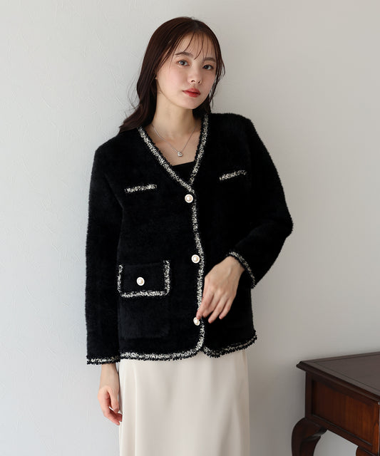 【SALE】Vネックツイード風ニットジャケット