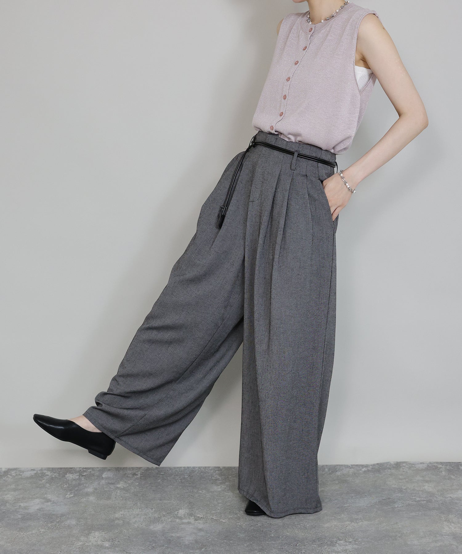 SALE】レザー紐ベルト付きワイドリネン混パンツ[J by blue