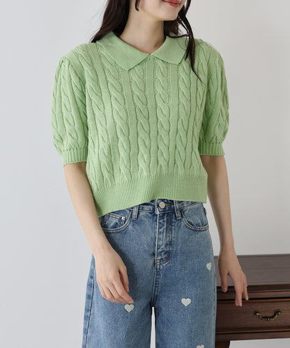 【SALE】半袖カラーケーブルニット