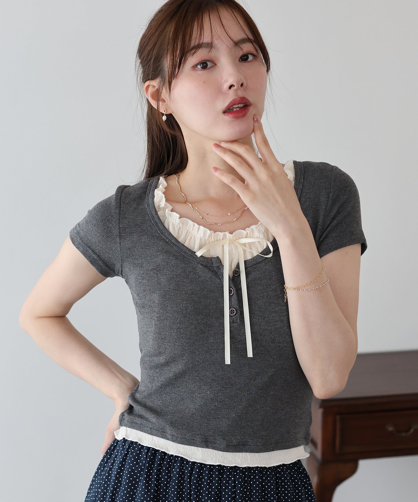 ギャザーリボンレイヤードTシャツ【メール便】