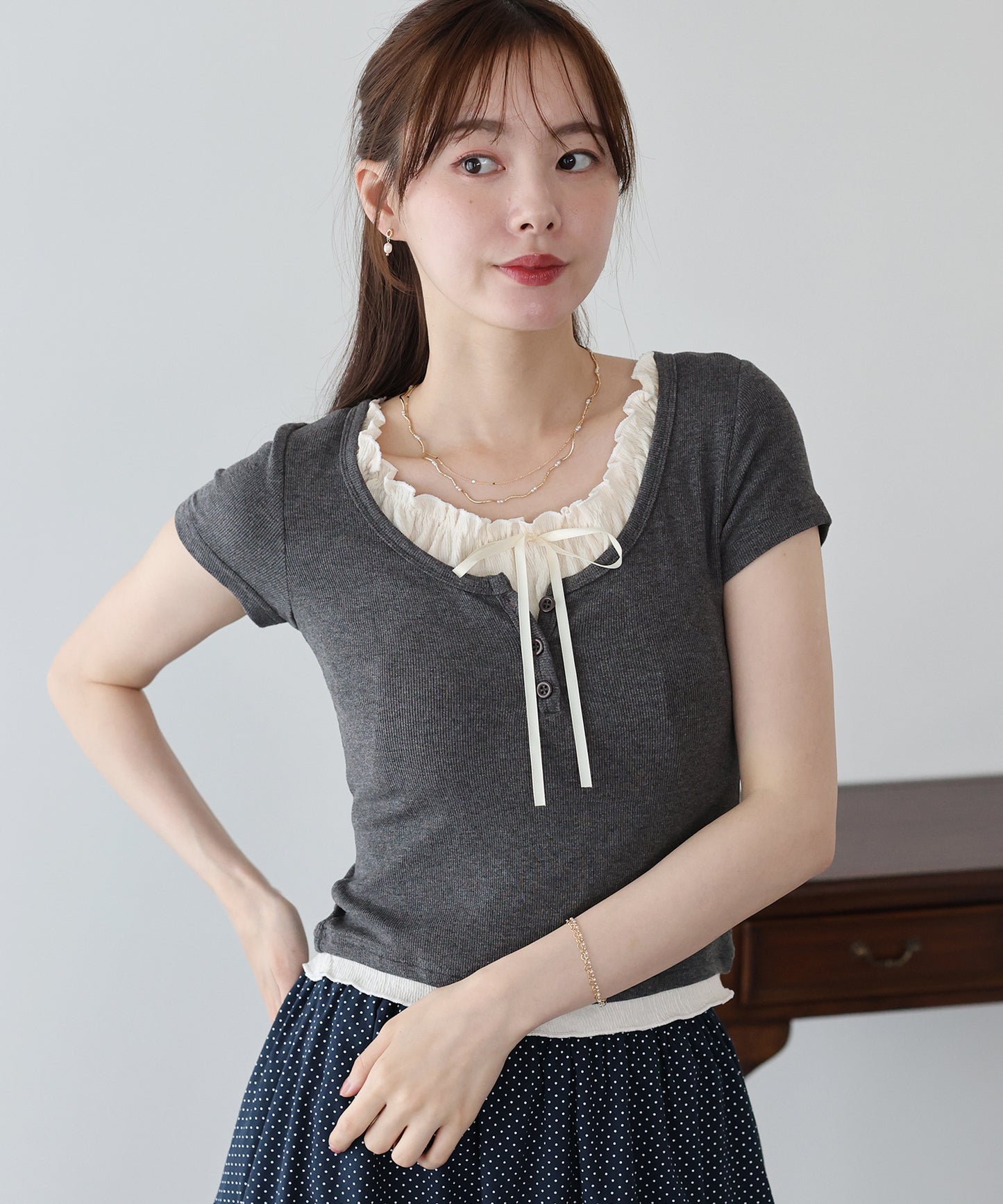 ギャザーリボンレイヤードTシャツ【メール便】